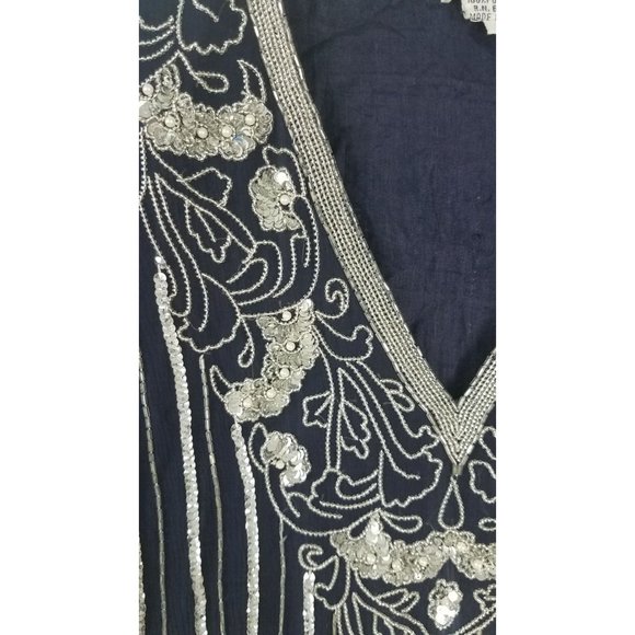 Vintage Judith Ann Creations Sz. S Sequin & Silk 3 Piece Navy & Silver Skirt Set - Picture 4 of 10